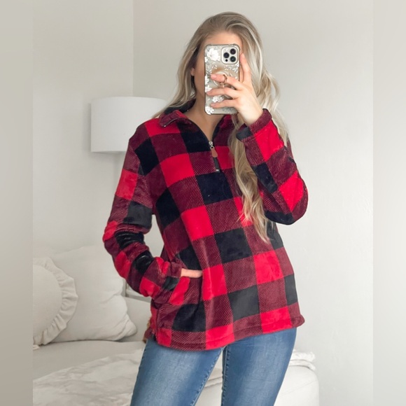 NWOT Pink Lily Glittering South Red Buffalo Plaid
Quarter Zip Pullover - Picture 1 of 7